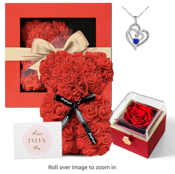 3 in 1 gift Rose teddy, real fresh rose, necklace