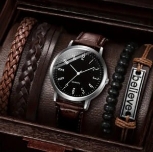 Leather Wrist Watch & 4 Braided Bracelet (NO BOX)